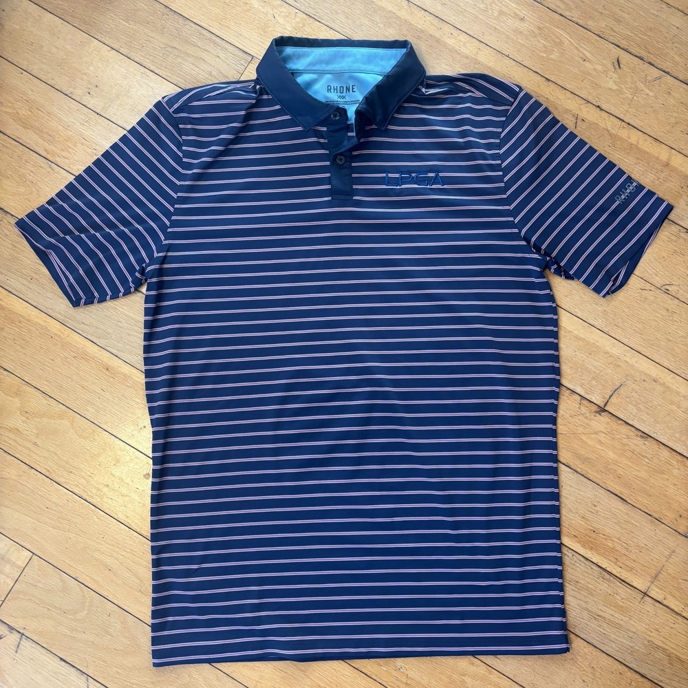 Rhone LPGA Striped Performance Polo Mens Large Navy Golf Shirt - Picture 2 of 7